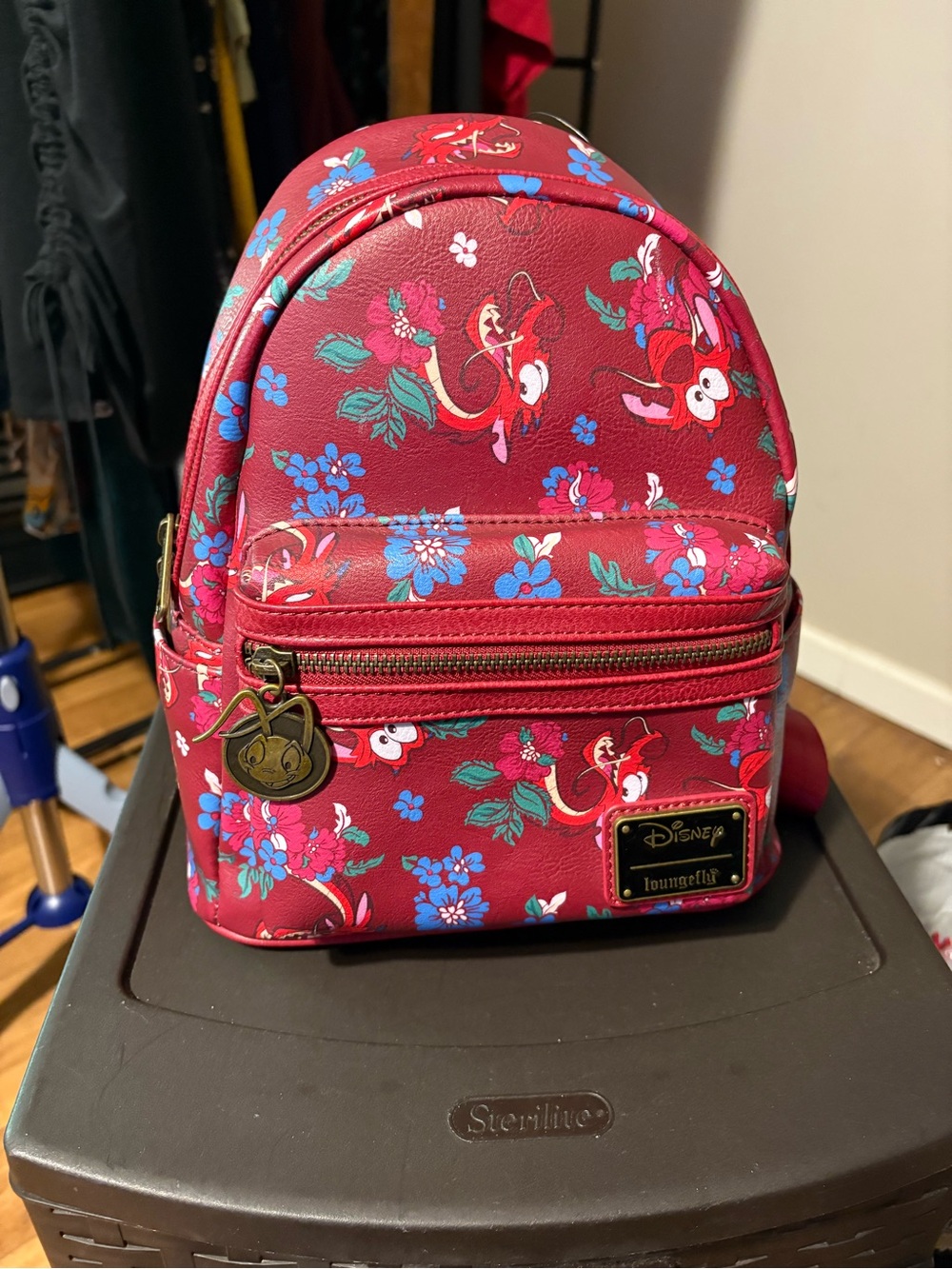 Disney Red Floral Mini Backpack with Blue Accent Print